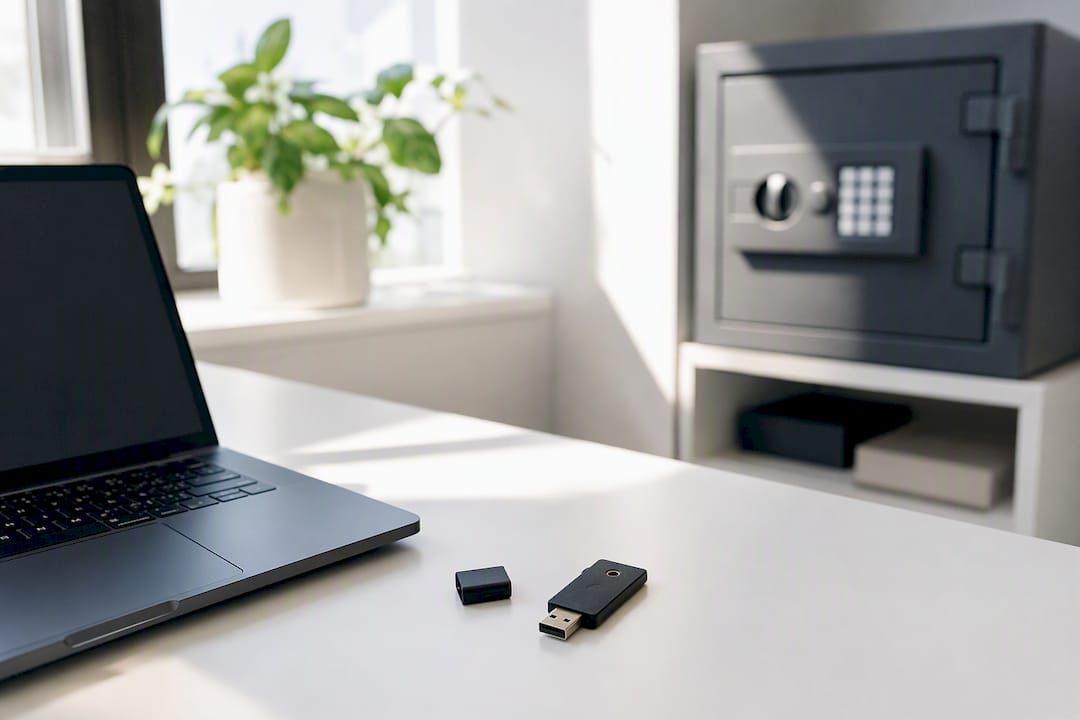 USB security key on desk near locked safe