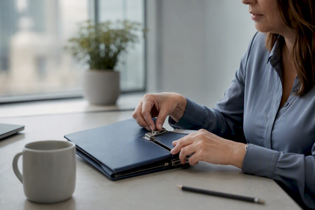 Hands clasping coaching notebook