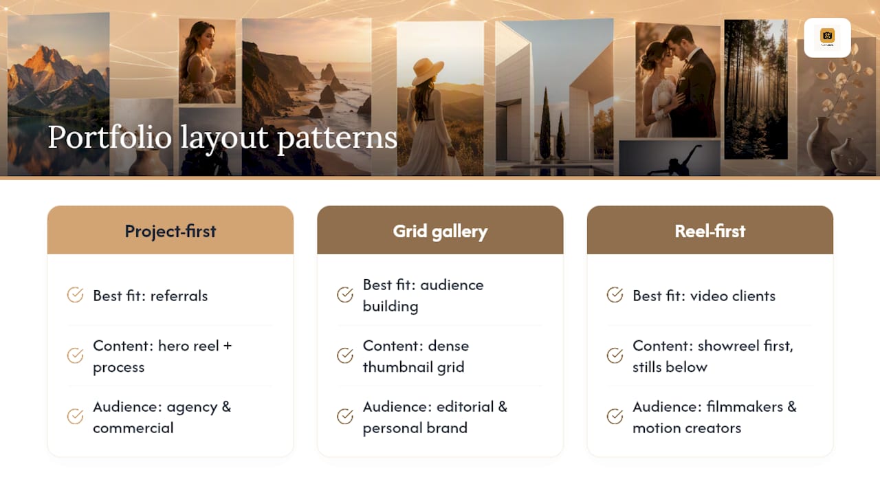 Three portfolio layout patterns compared