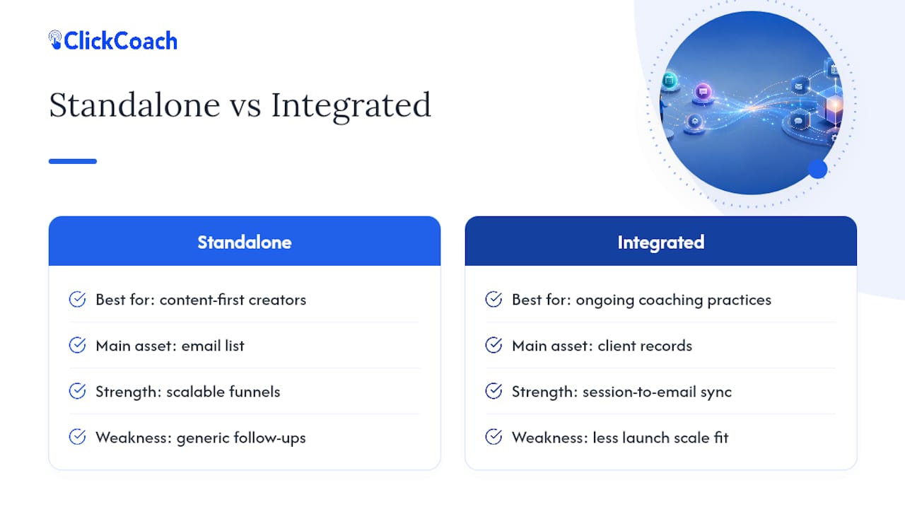 Standalone Email Tools vs. Integrated Coaching Platforms — overview diagram