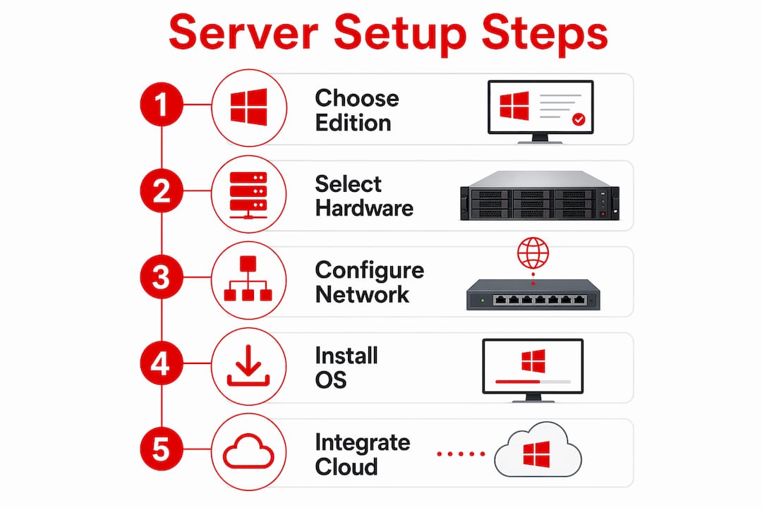 Infographic outlining Microsoft server setup steps