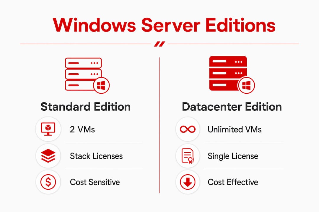 Infographic comparing Windows Server Standard and Datacenter Editions