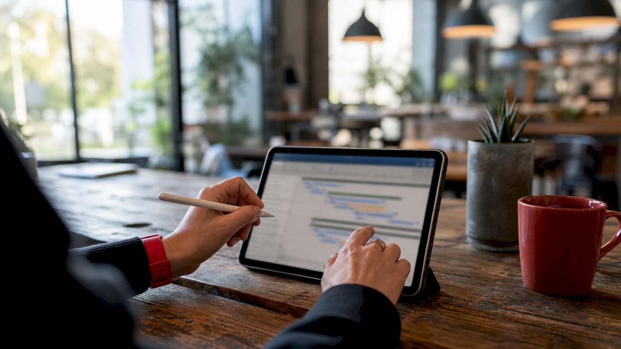 Hands using tablet with business productivity tools