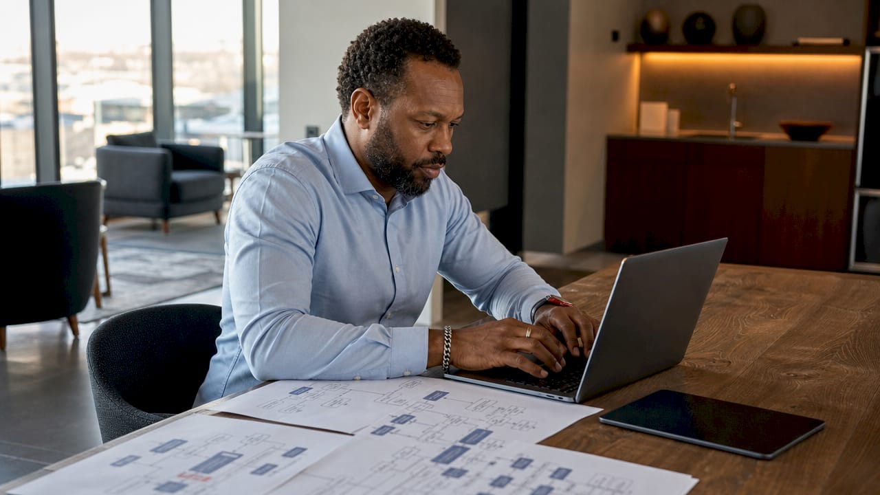 Hands typing Microsoft renewal steps at conference room desk