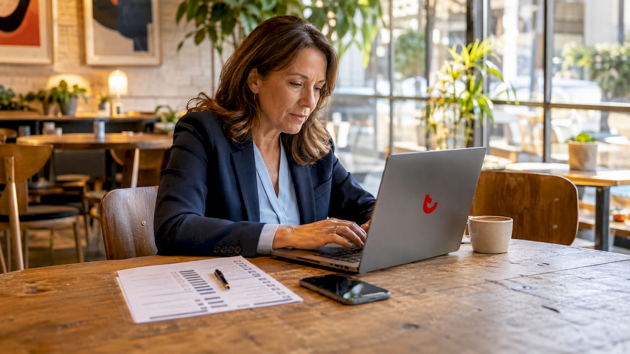 Woman auditing software licenses at office desk