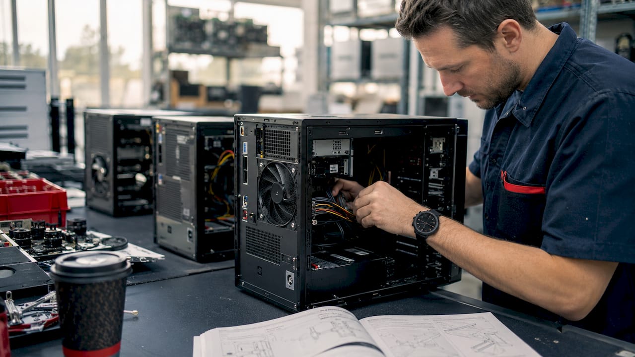 Technician assembling PCs with OEM licenses