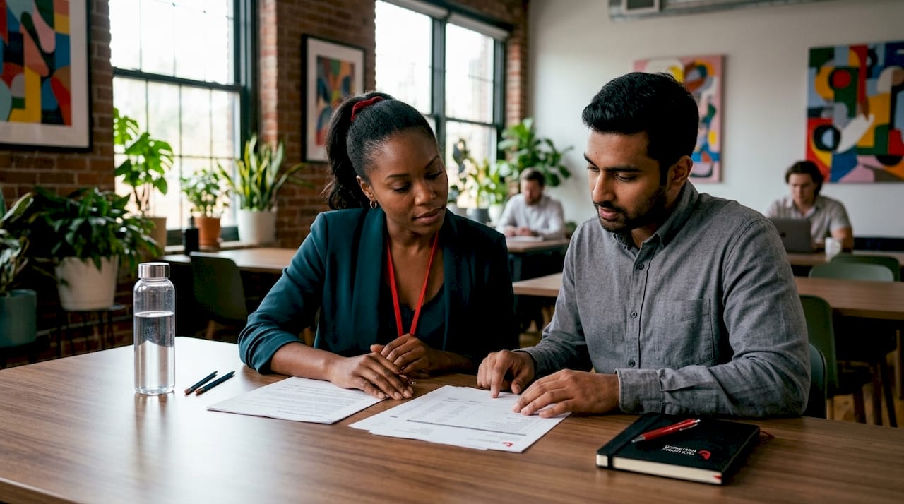 Two professionals reviewing volume licensing purchase documents
