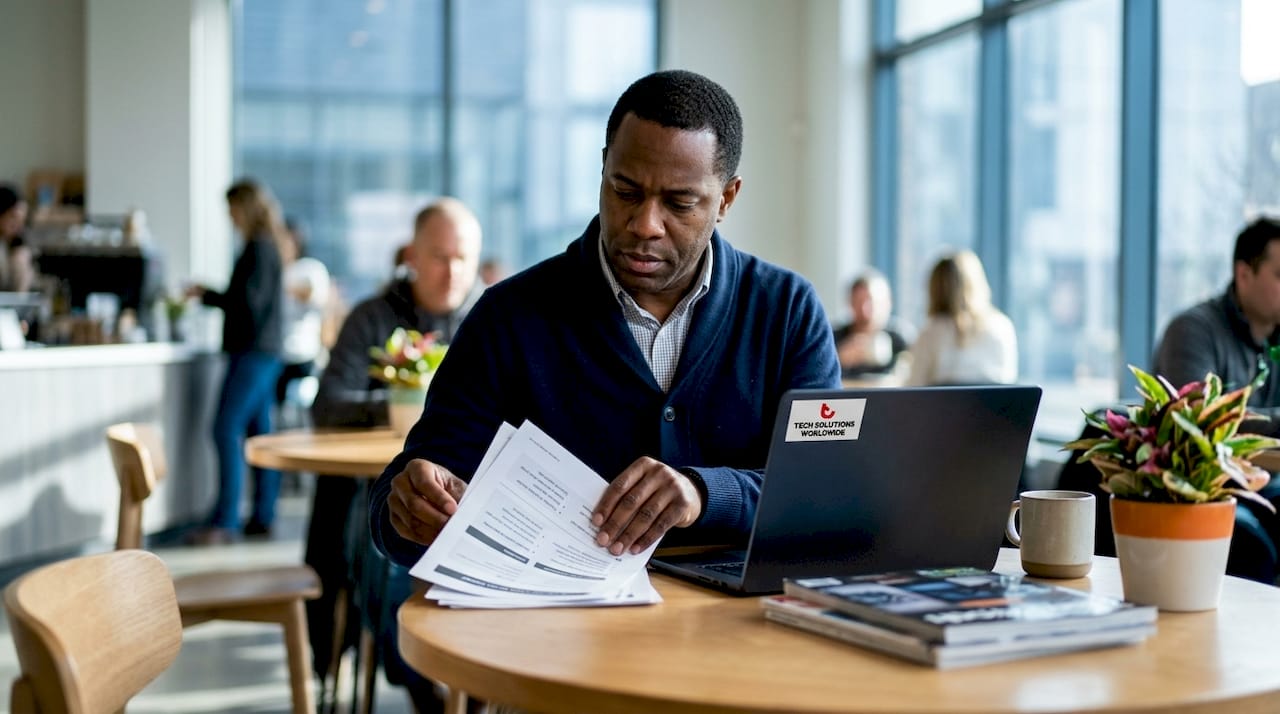 Man organizing SMB workflow documents at home office