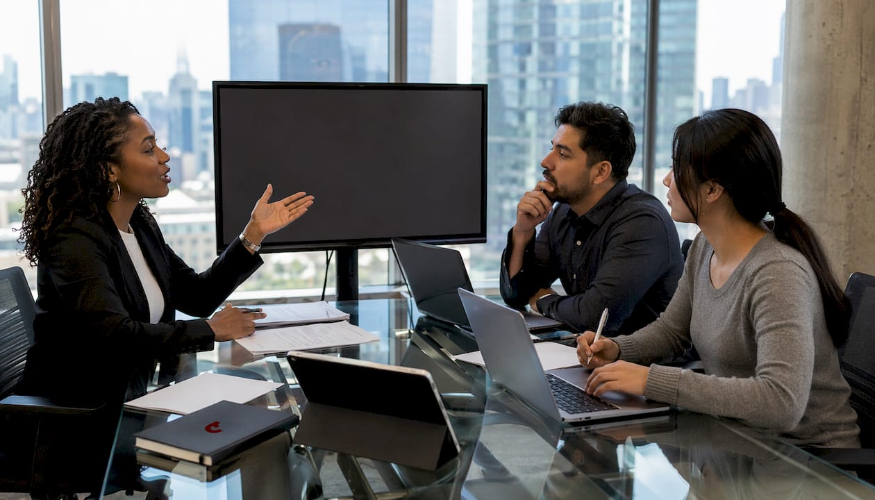Diverse IT team collaborating on software licenses
