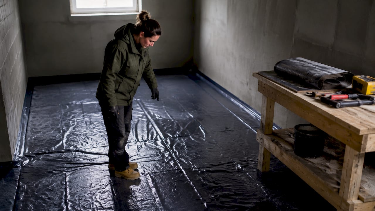Builder inspecting cellar waterproofing membrane