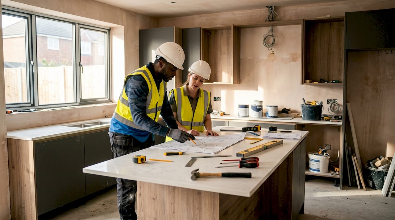 Workers discussing kitchen renovation progress