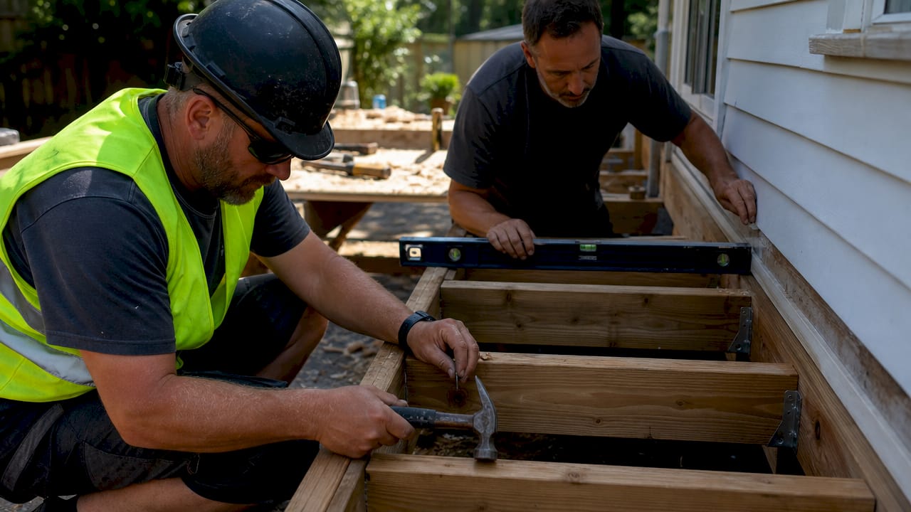 Overhead view of workers framing porch deck