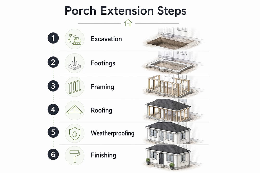 Infographic showing porch extension building steps