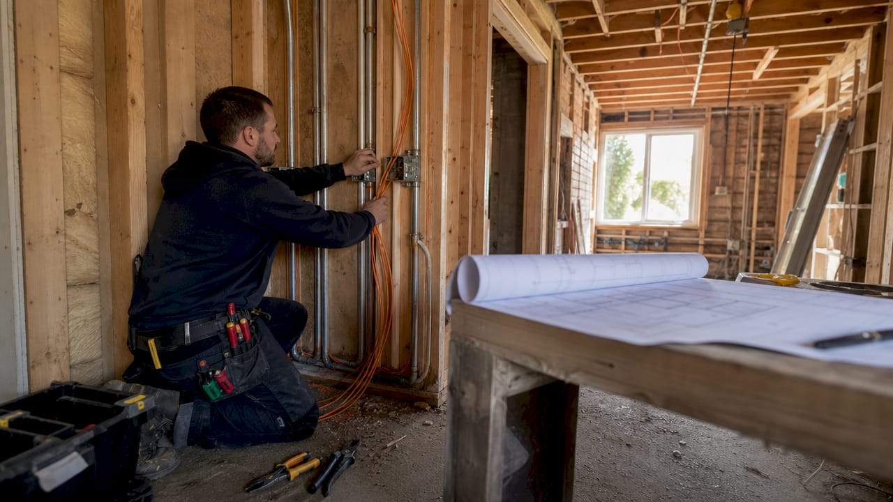 Electrician running cables through wall studs