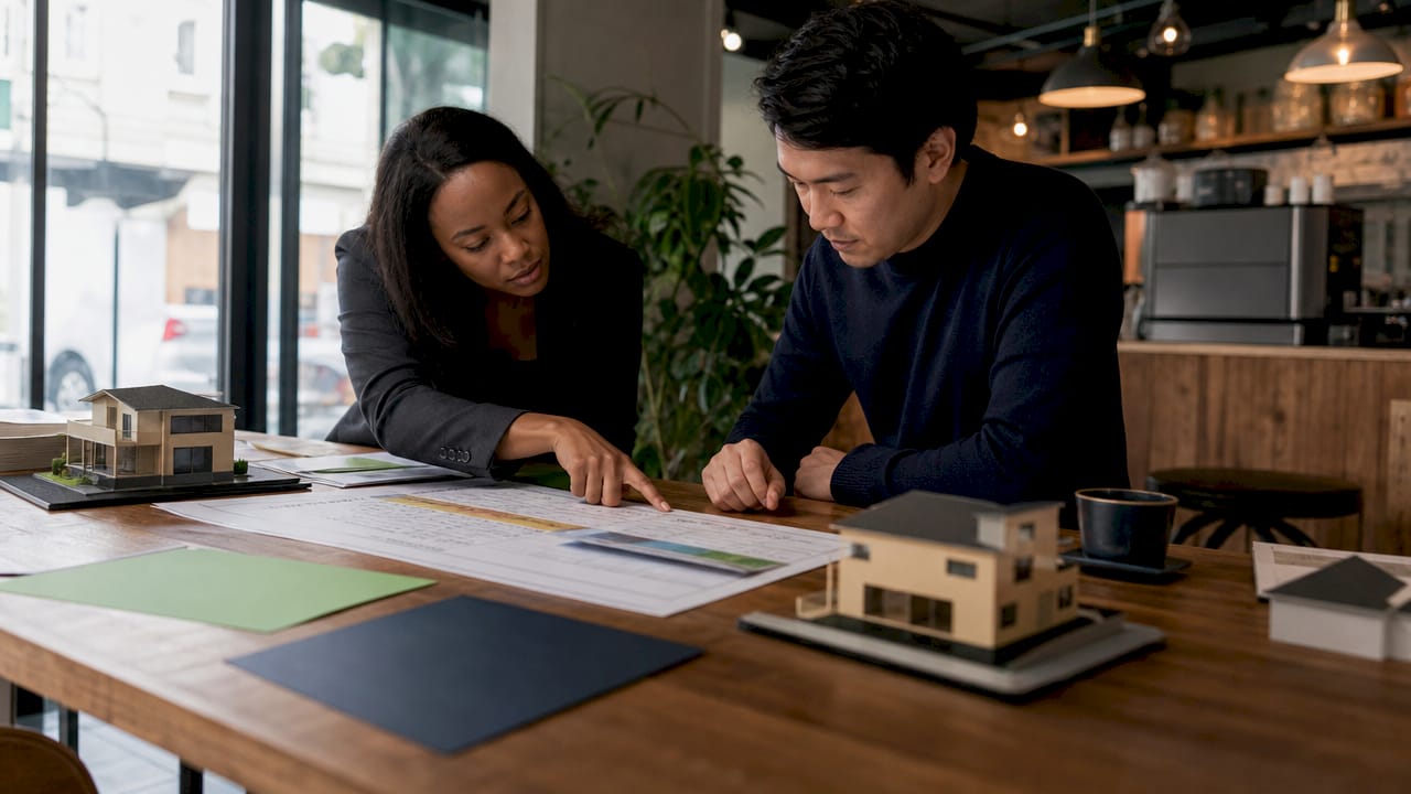 Professionals discussing home extension costs chart in office