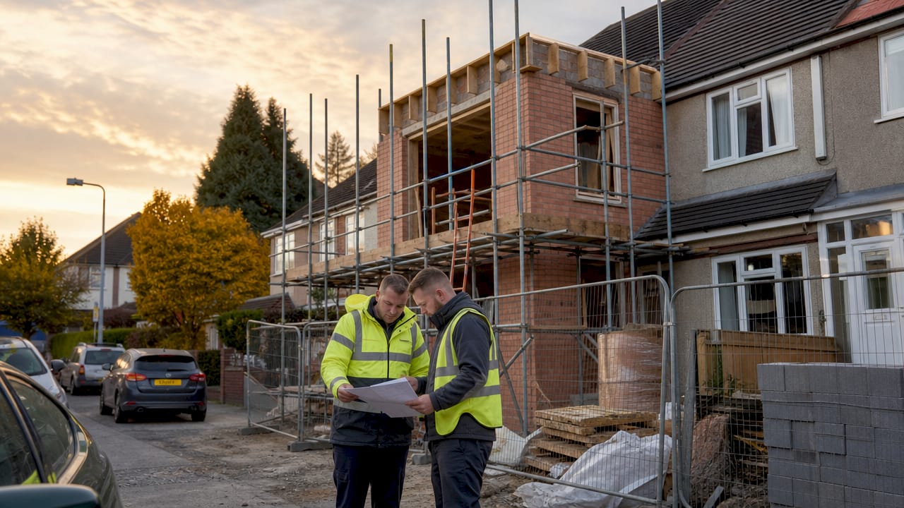 Two-storey side extension construction site