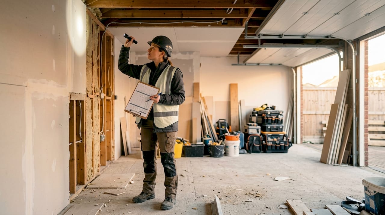 Building inspector assessing garage conversion site
