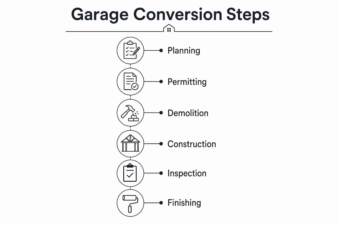 Infographic illustrating step-by-step garage conversion process