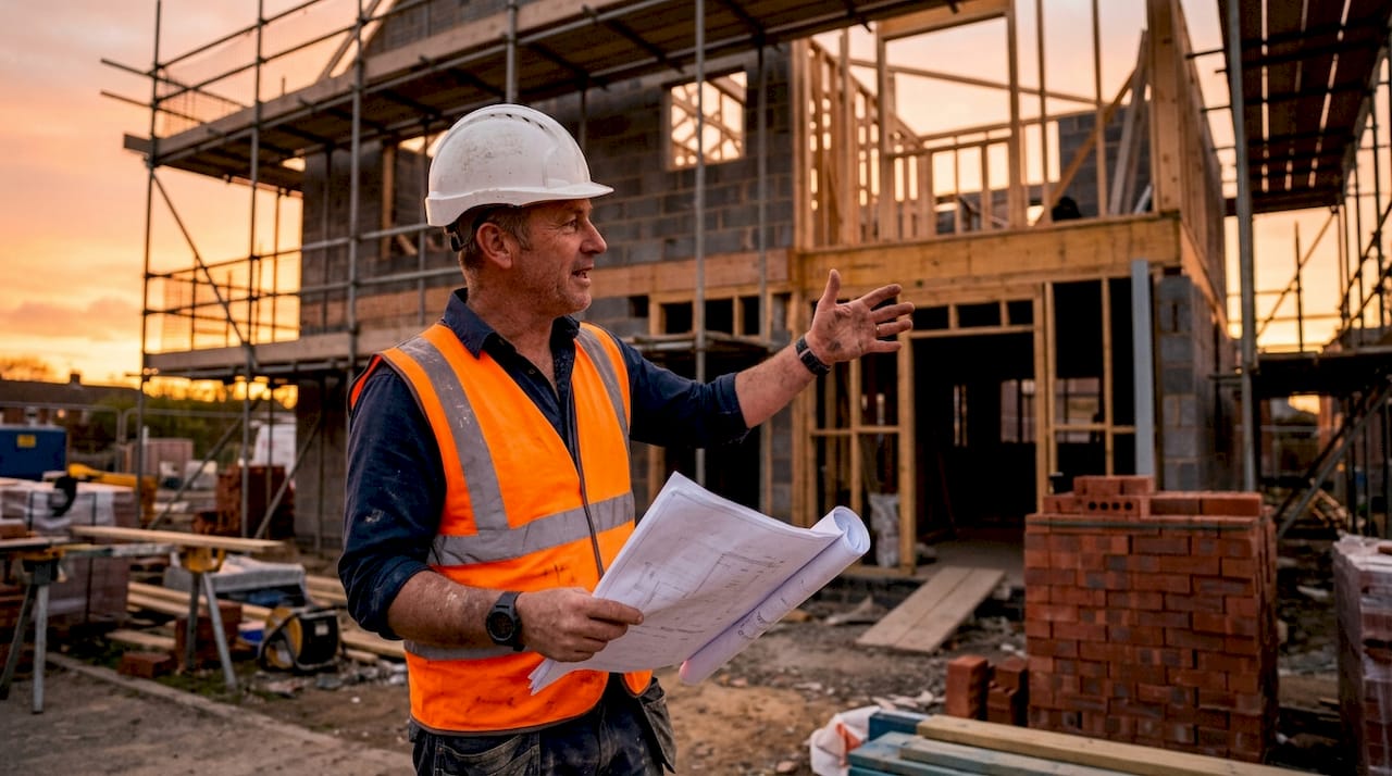 Construction manager overseeing single-family home build