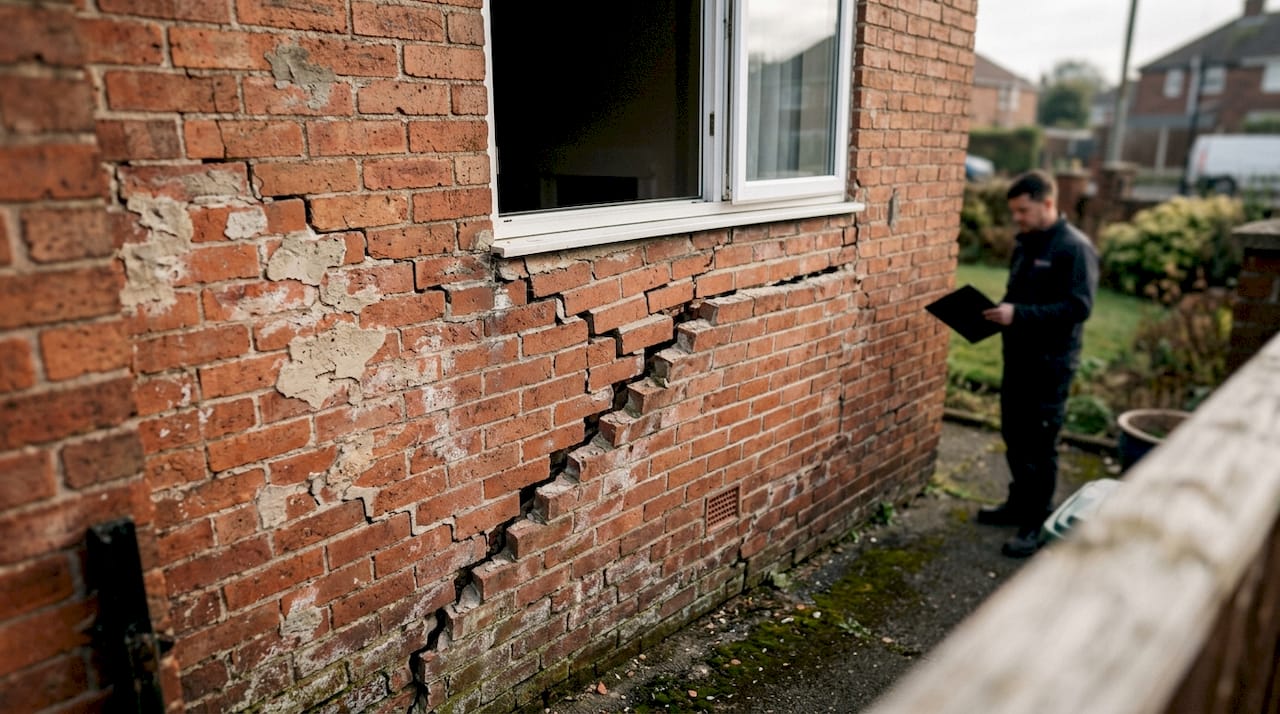 Close-up of stair-step cracks in brick wall near window