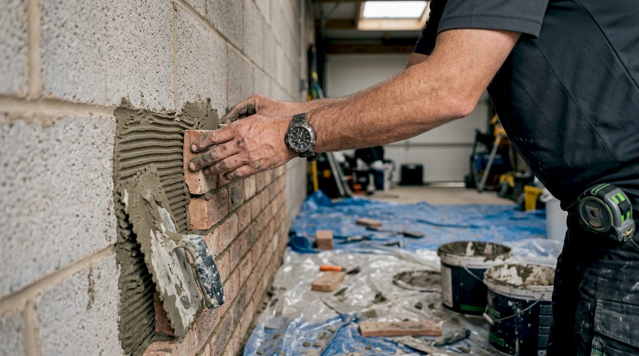 Close-up of hands installing lightweight brick slips indoors