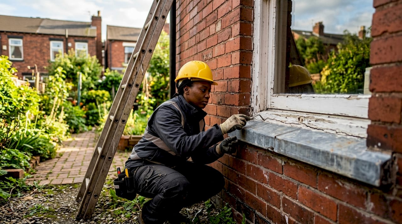 Professional inspecting masonry flashing and sealant