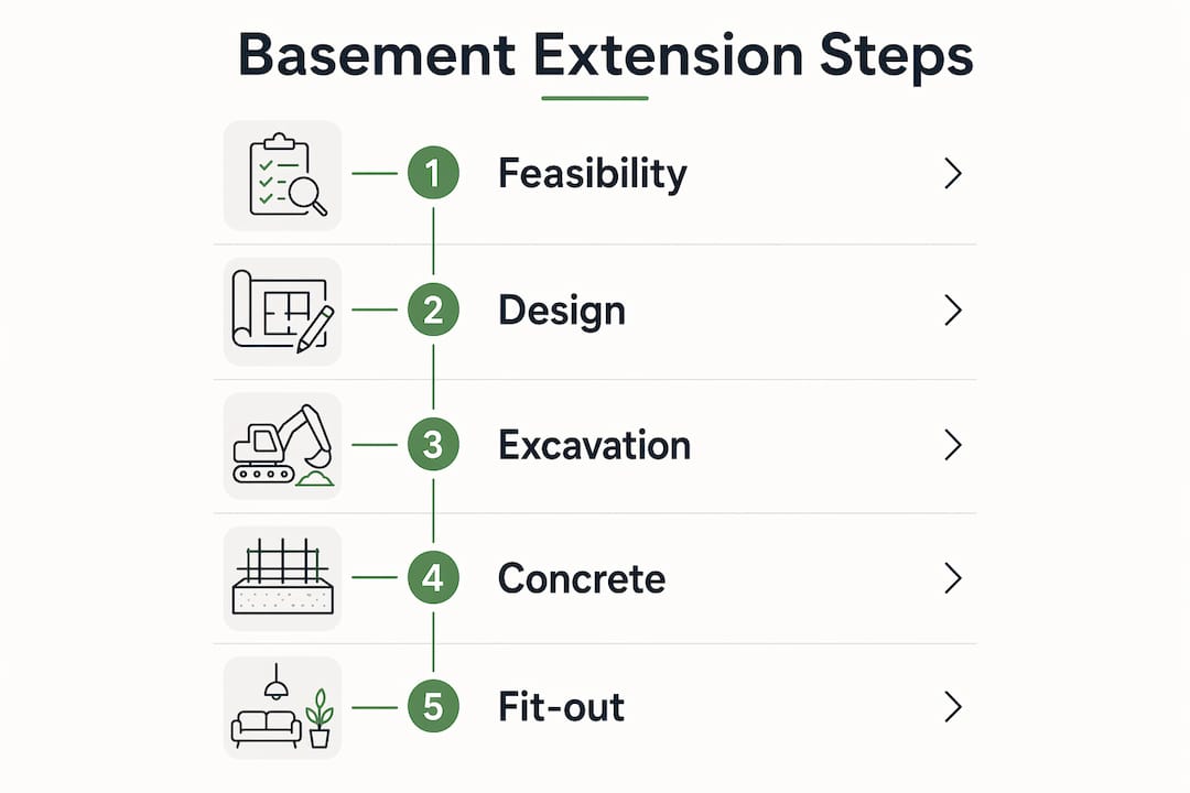 Infographic showing step-by-step basement extension process