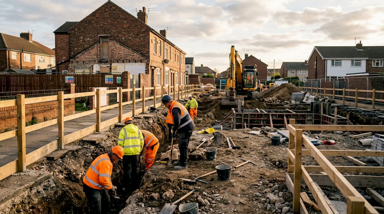 Workers excavating basement construction site
