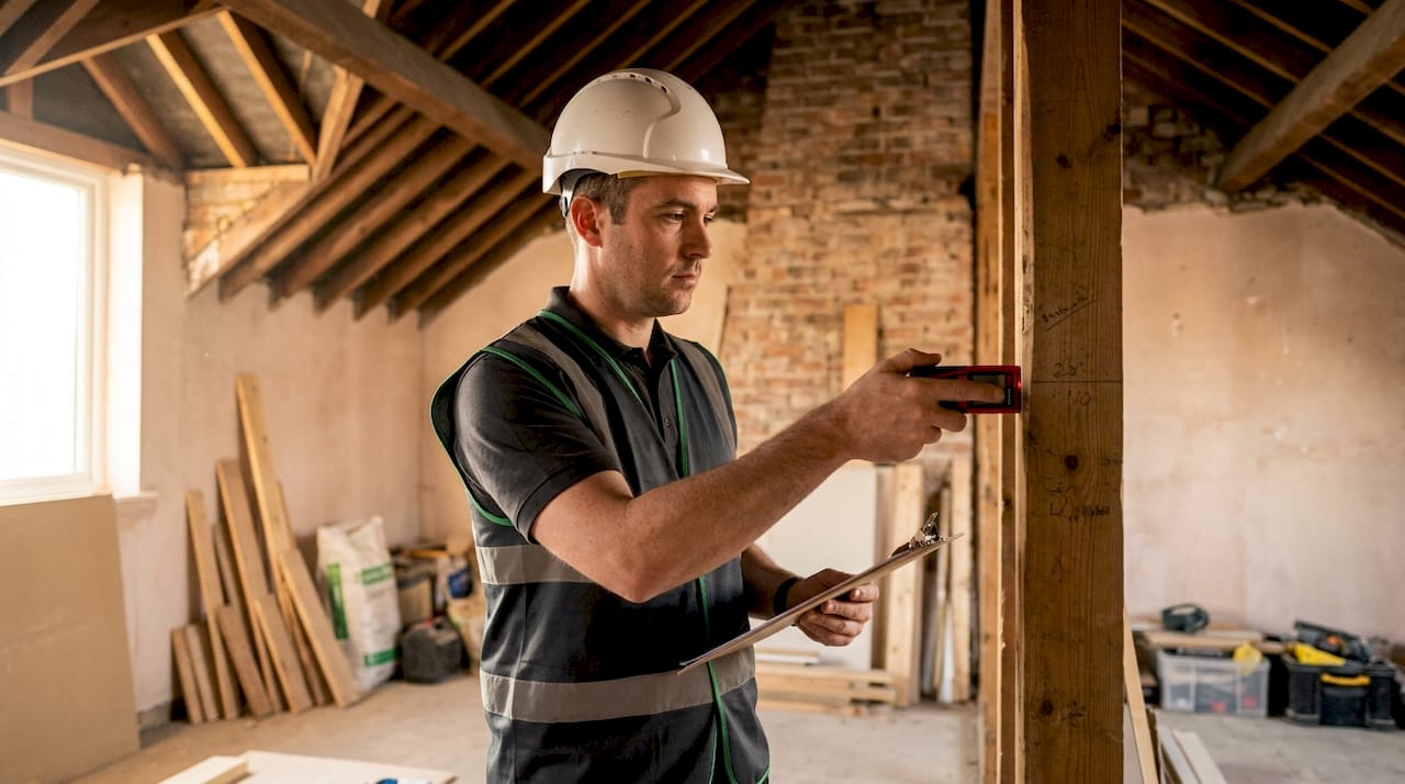 Structural engineer measuring wall supports in home