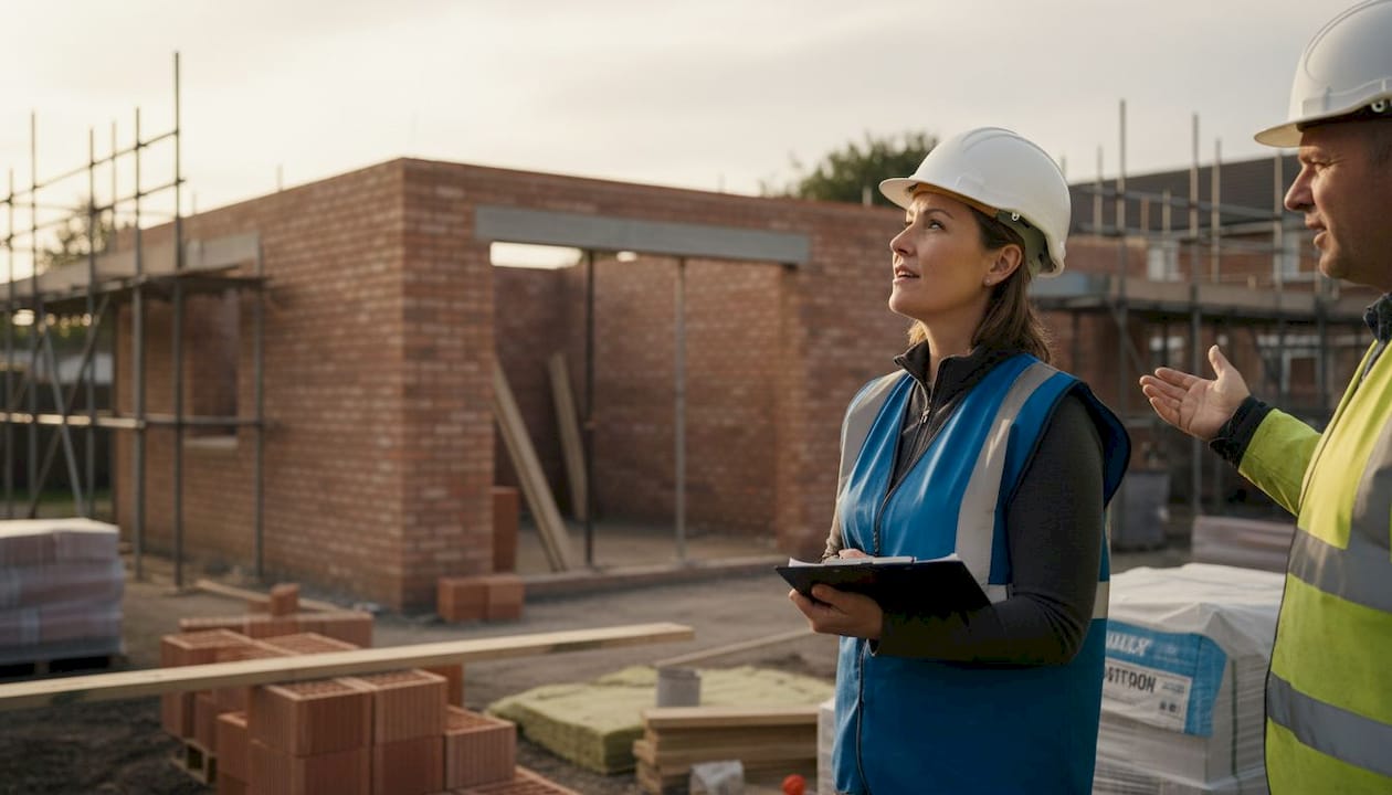 Construction inspector evaluating building work on site