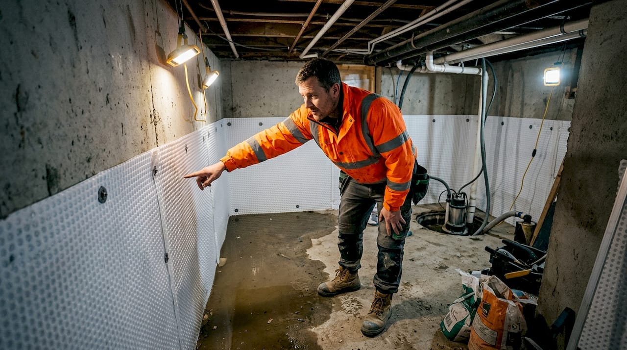 Waterproofing specialist inspecting basement membrane system