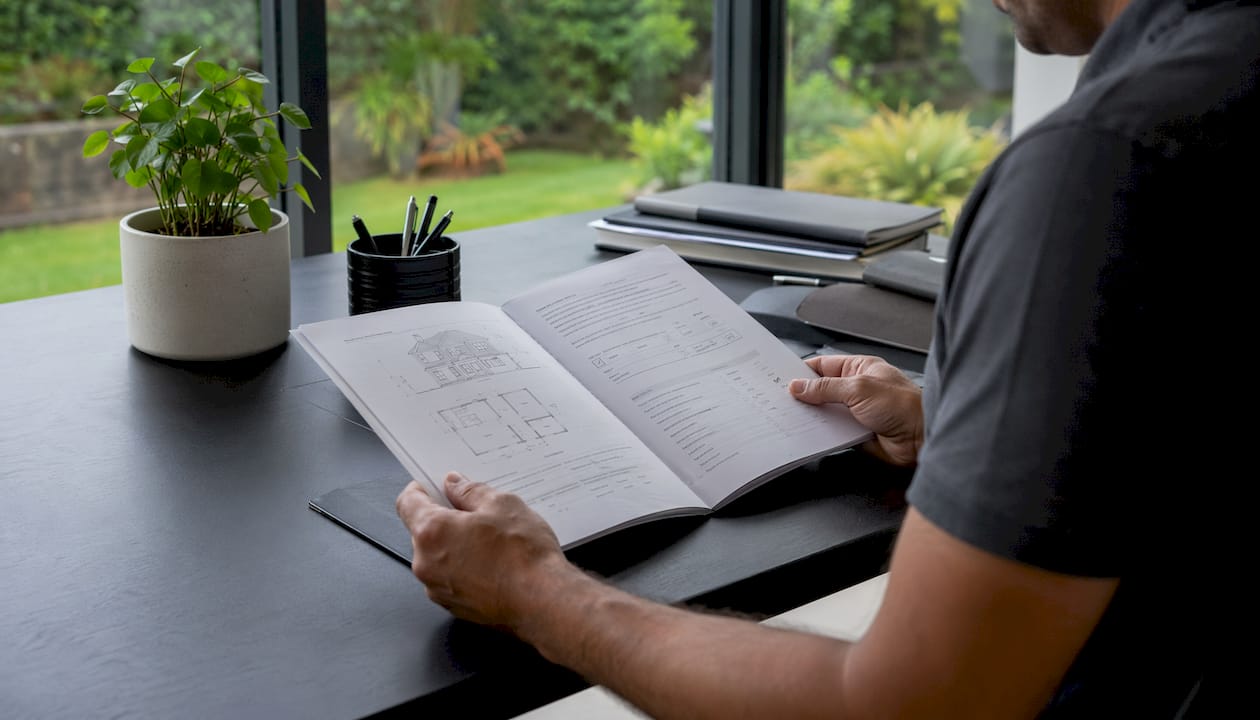 Hands reviewing detailed building survey report documents