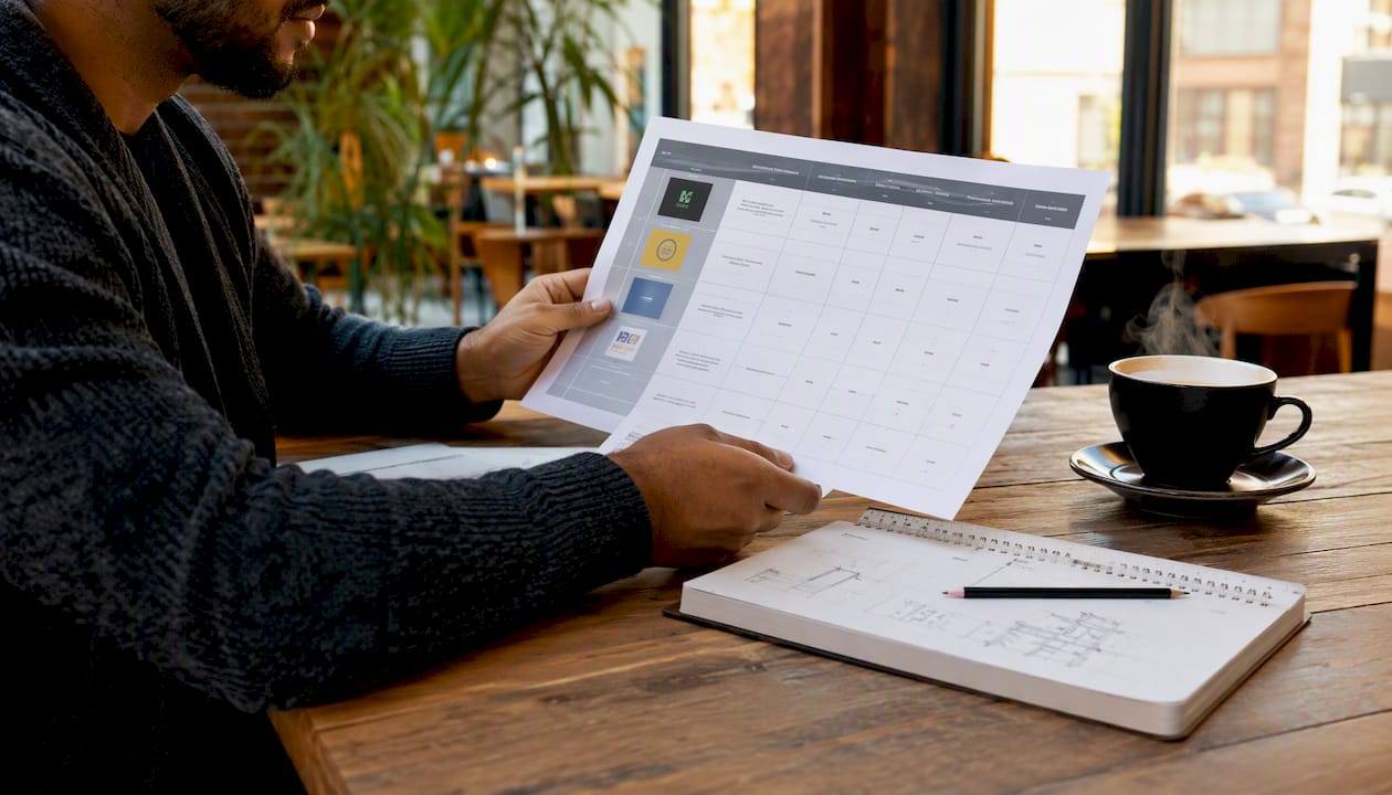 Hands holding warranty comparison table at architect desk