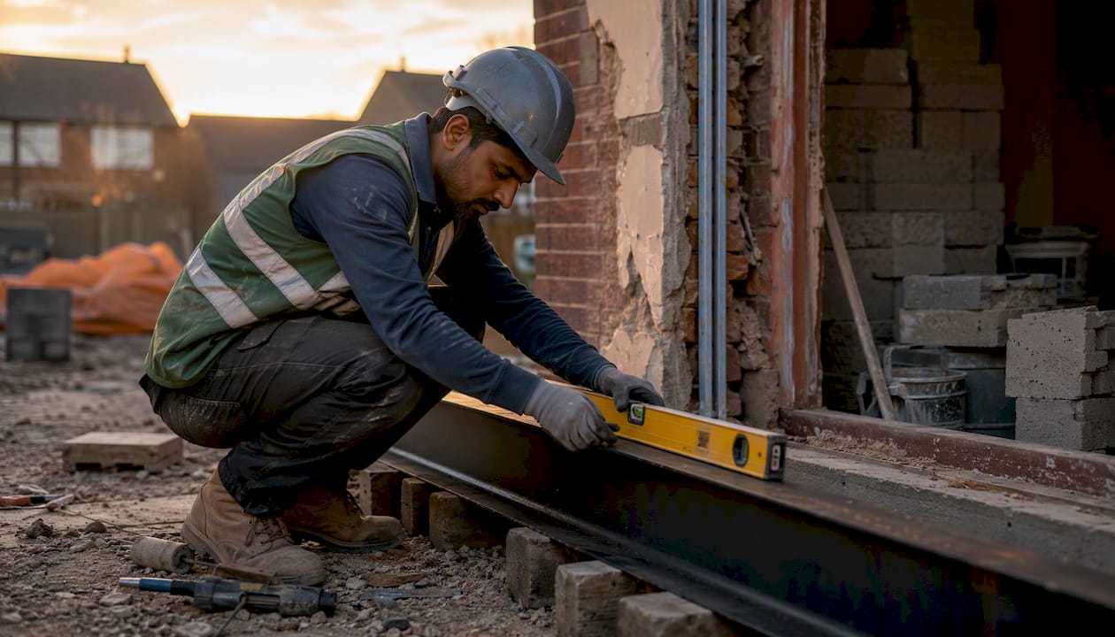Construction worker fitting steel beam on site