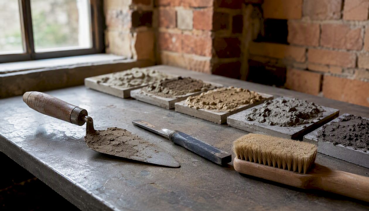 Close-up of repointing tools and mortar samples