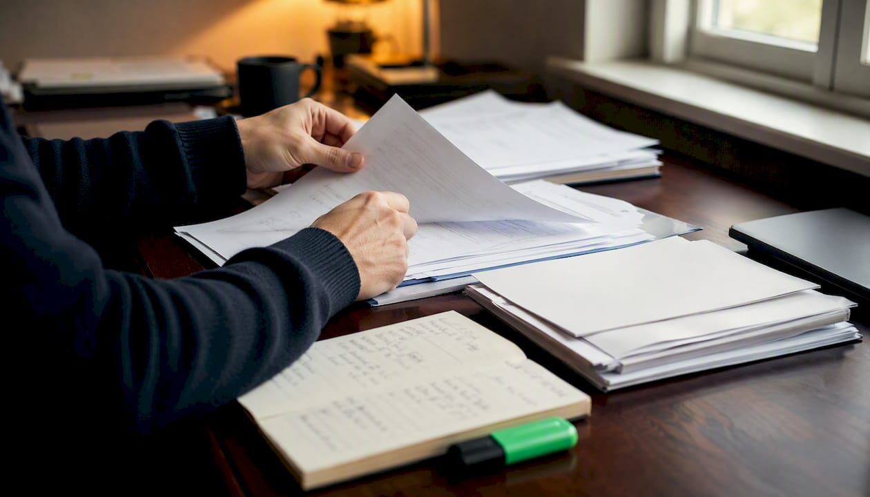 Hands sorting UK construction payment documents