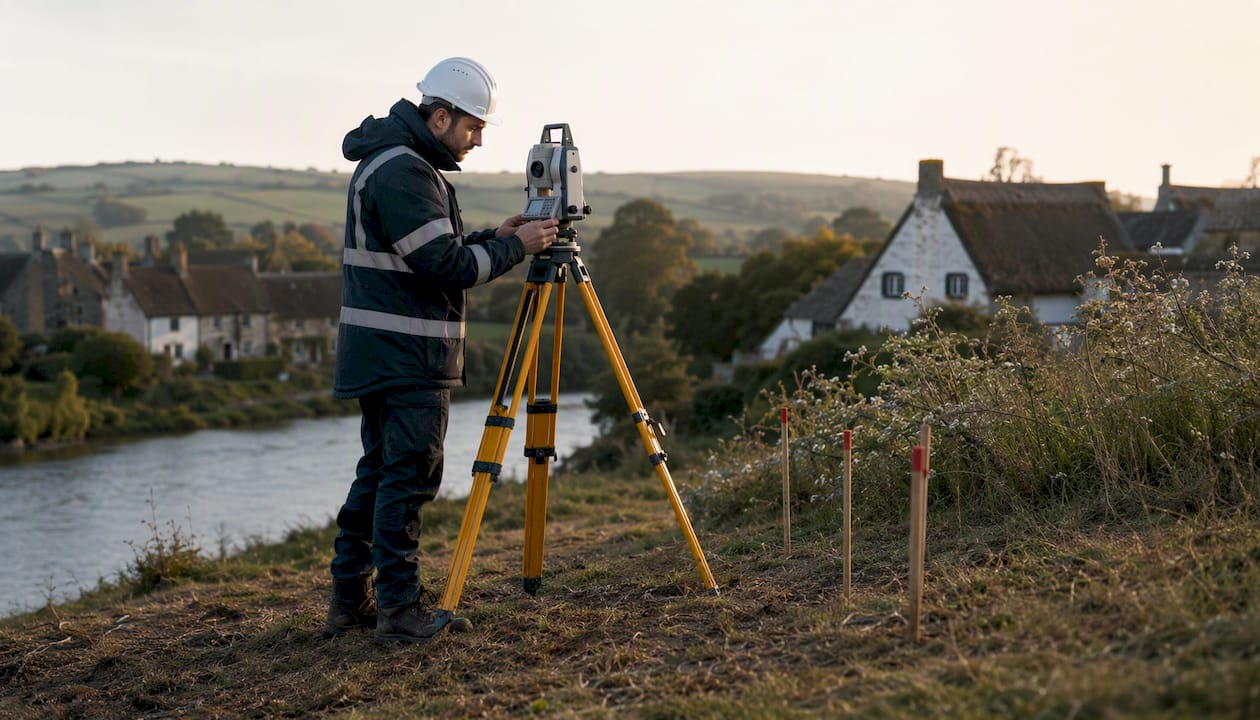 Surveyor operating total station on site