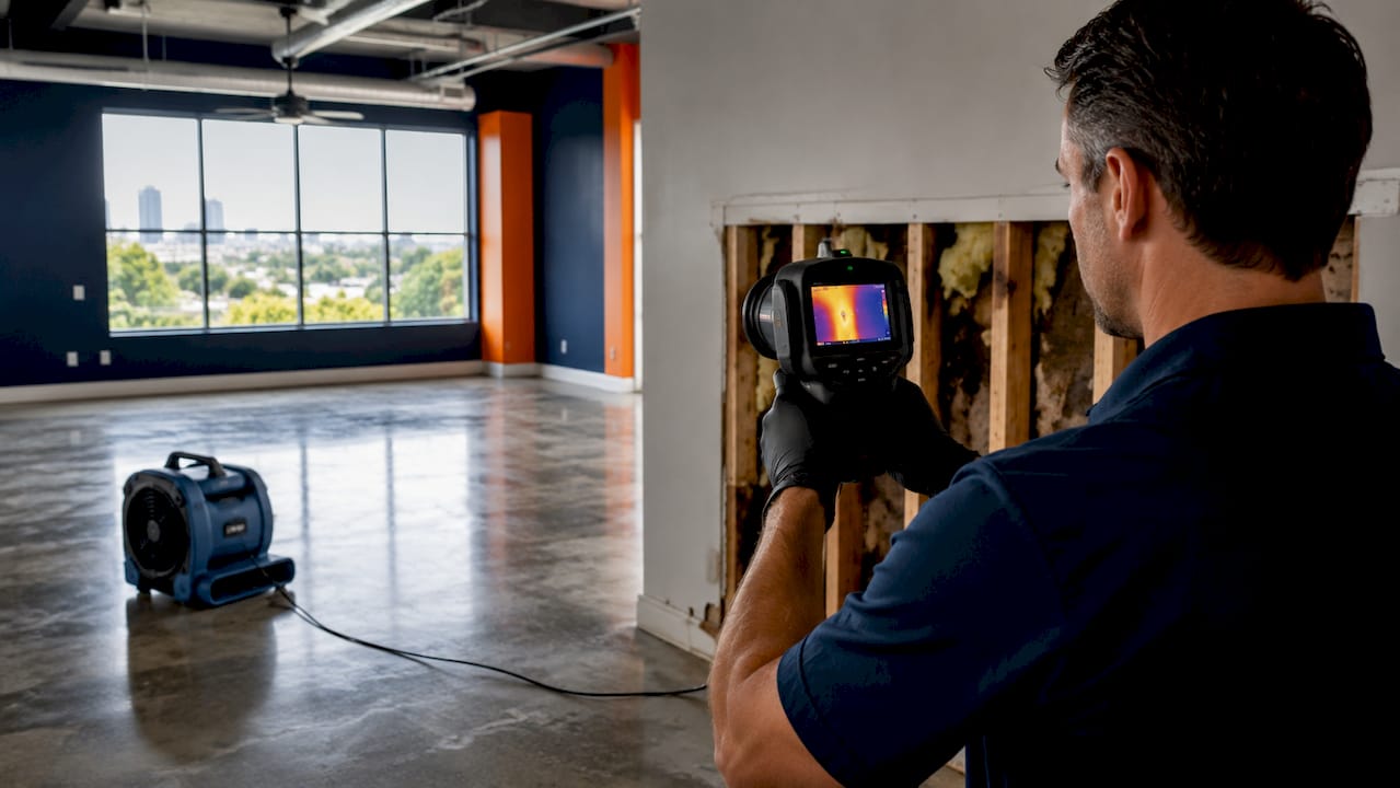 Technician using thermal camera on damp wall cavity