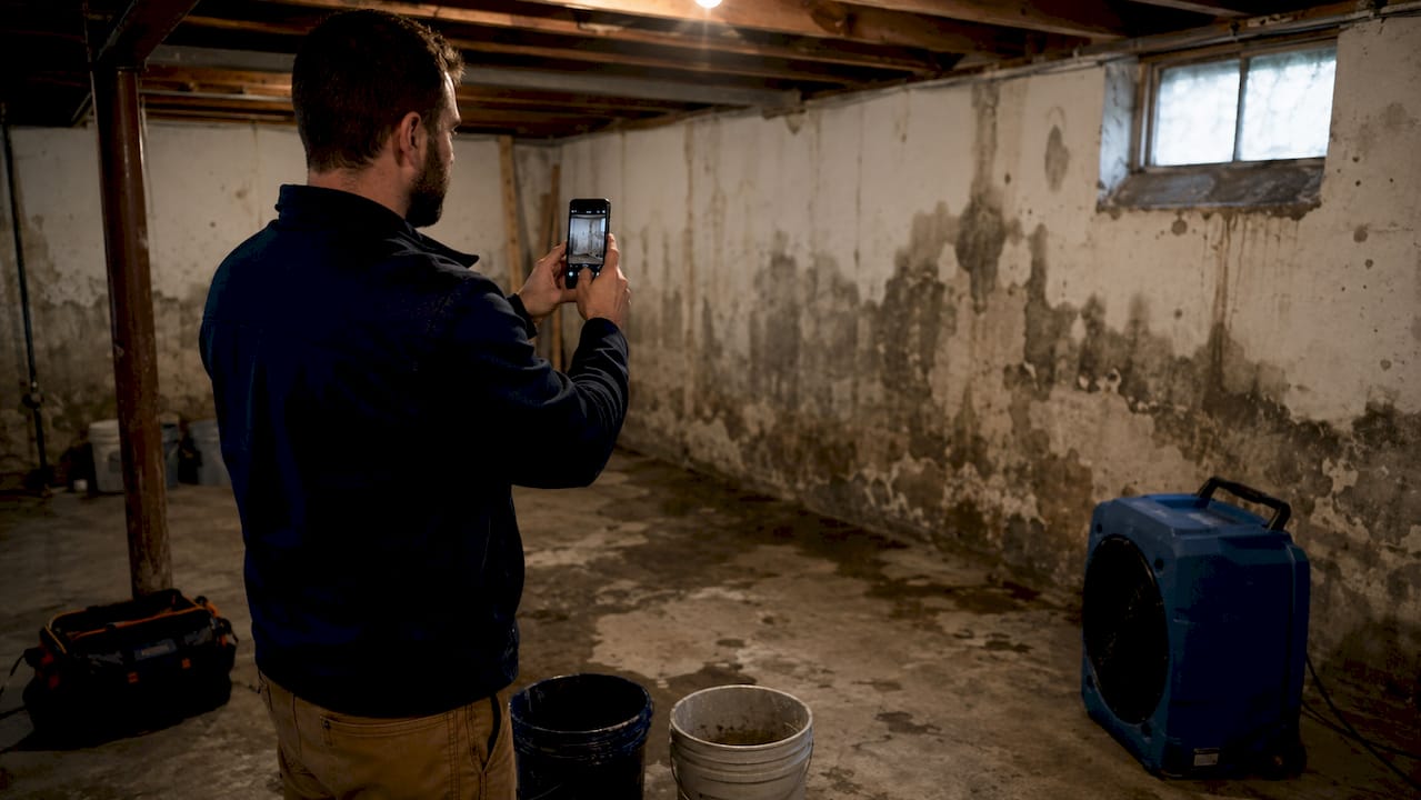Hands photographing water damage with smartphone