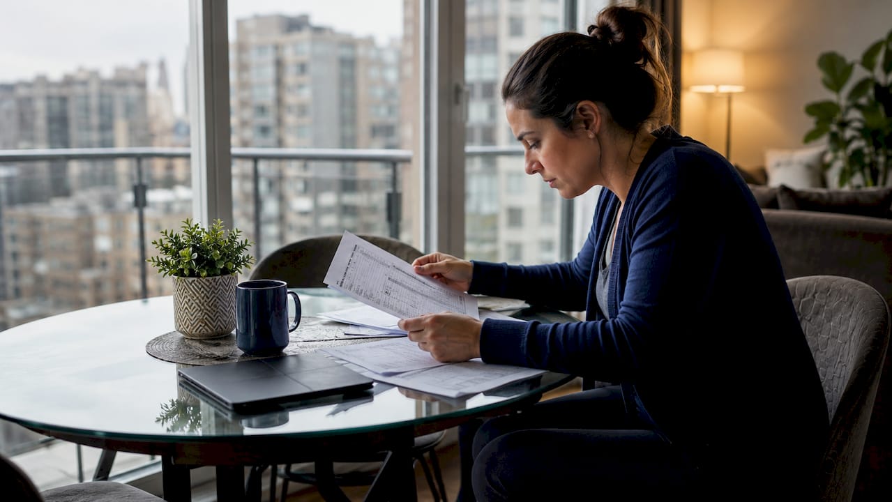 Homeowner reviewing insurance claim papers at table