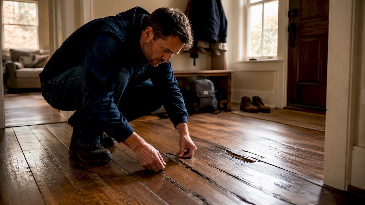 Homeowner inspecting water-damaged wood floor