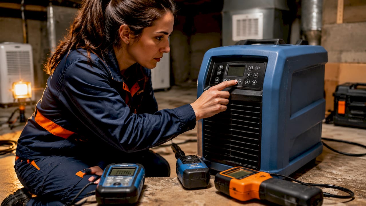 Technician adjusting dehumidifier controls onsite