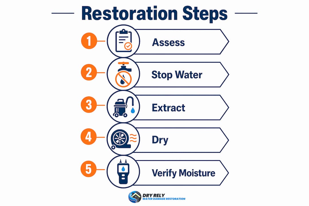 Infographic showing step-by-step water damage restoration process