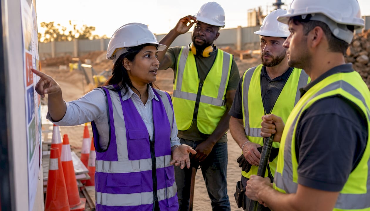 Workers reviewing hazard categories on active construction site