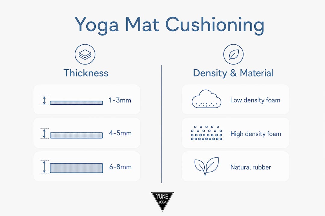 Infographic comparing yoga mat cushioning thickness and materials