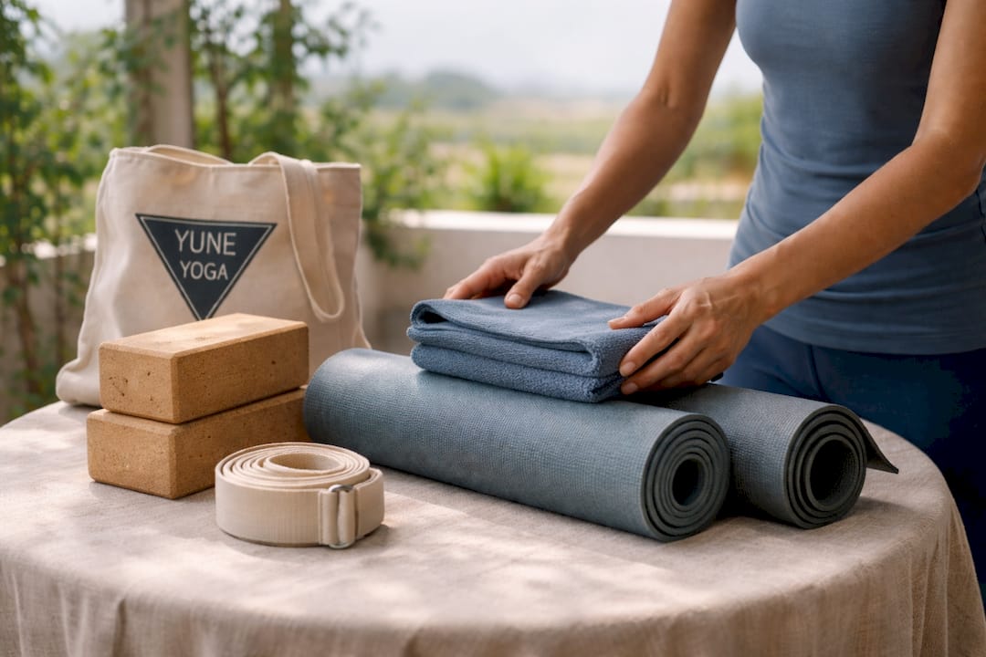 Close-up hands preparing yoga gear