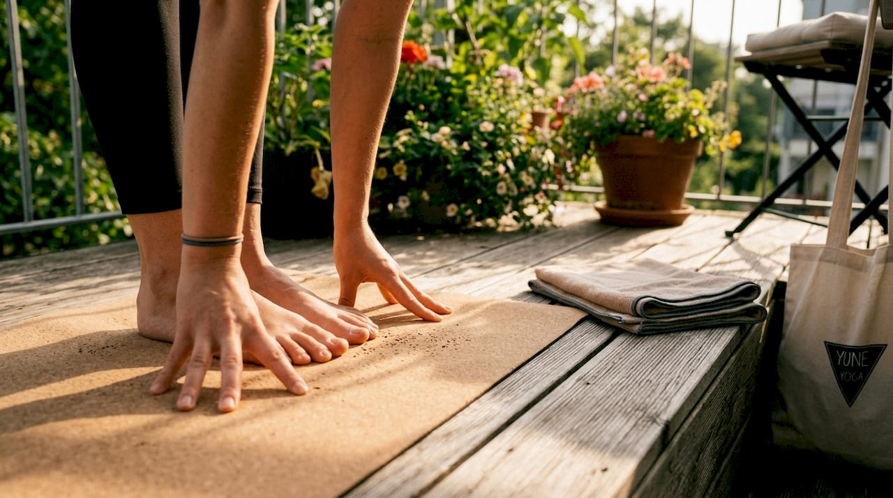 Close-up on hands and feet gripping natural rubber mat