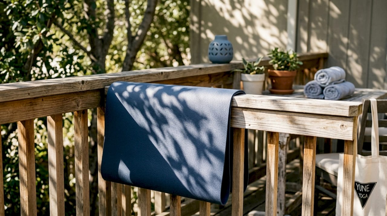 Yoga mat hanging to dry in bright bathroom