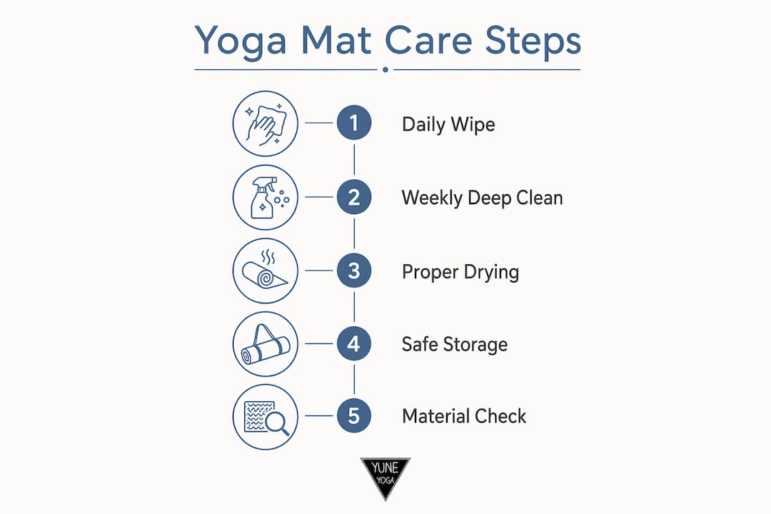 Infographic showing step-by-step yoga mat care process