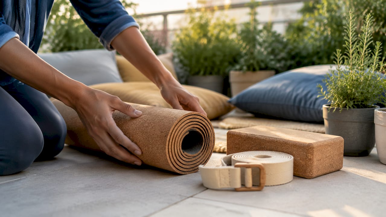 Hands assembling natural rubber and cork yoga gear